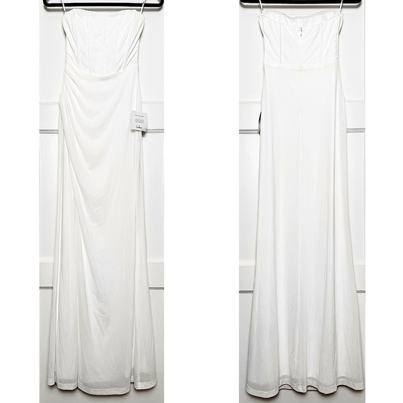NWT LULUS Strapless Corset Bustier Sleeveless Draped Side Slit Mesh Maxi Gown XS - Picture 3 of 5